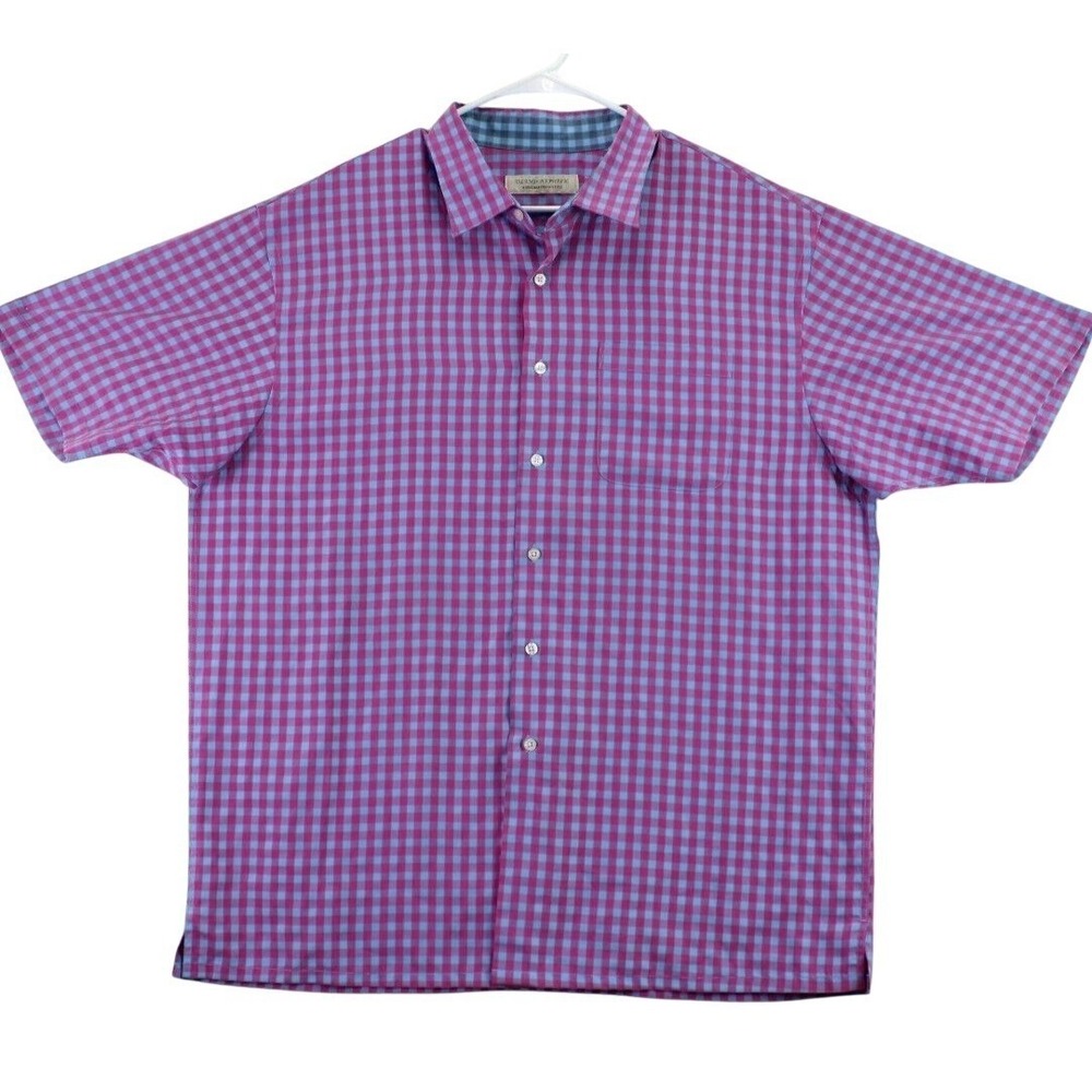Island Republic Men's Plaid Button Up Shirt Short Sleeve XXL Magenta‎ Blue